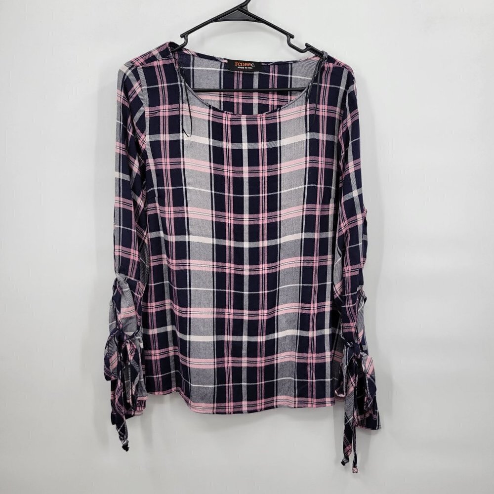 ReneeC. Plaid Long Sleeve Tie Top Relaxed Fit Pullover Crewneck Large Womens NWT